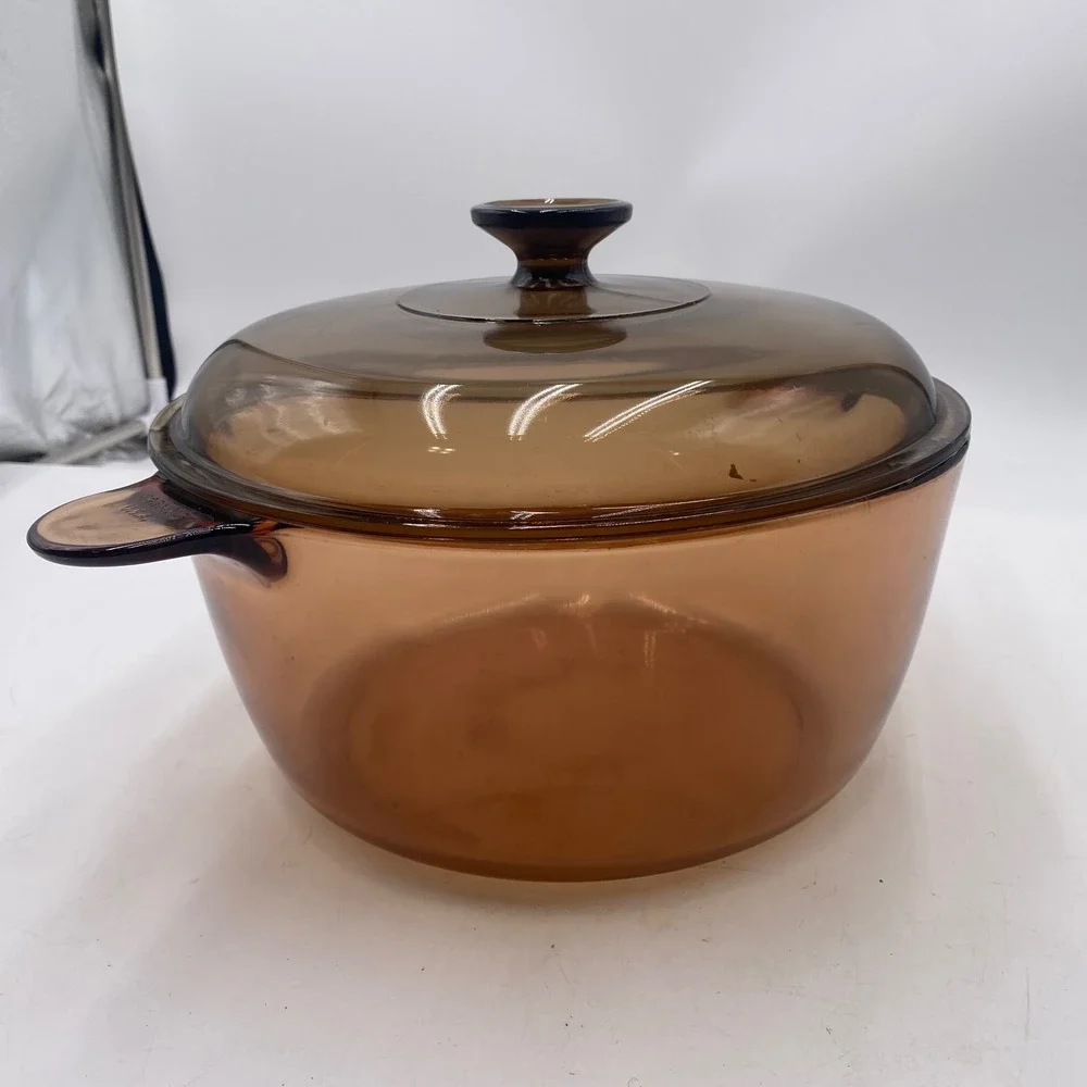 Corning Vision Amber Glass 4.5L Dutch Oven Stock Pot Pyrex Lid USA Vintage Brown
